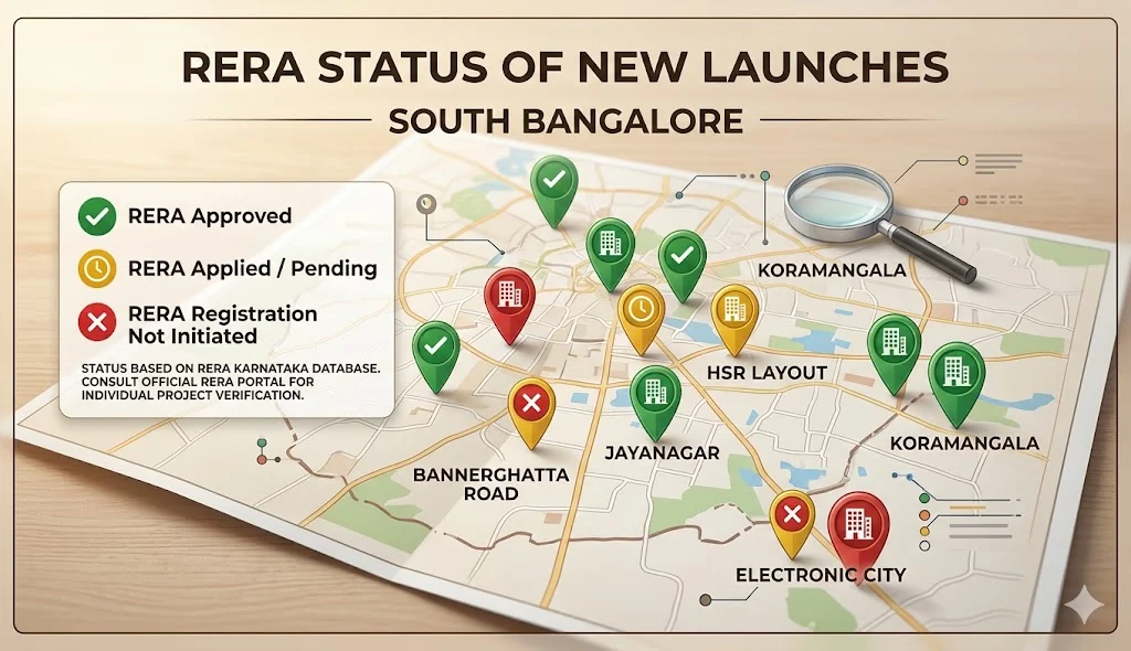 Official RERA status tracking map for new residential launches in South Bangalore locations like Bannerghatta Road, Kanakapura Road, and Electronic City.